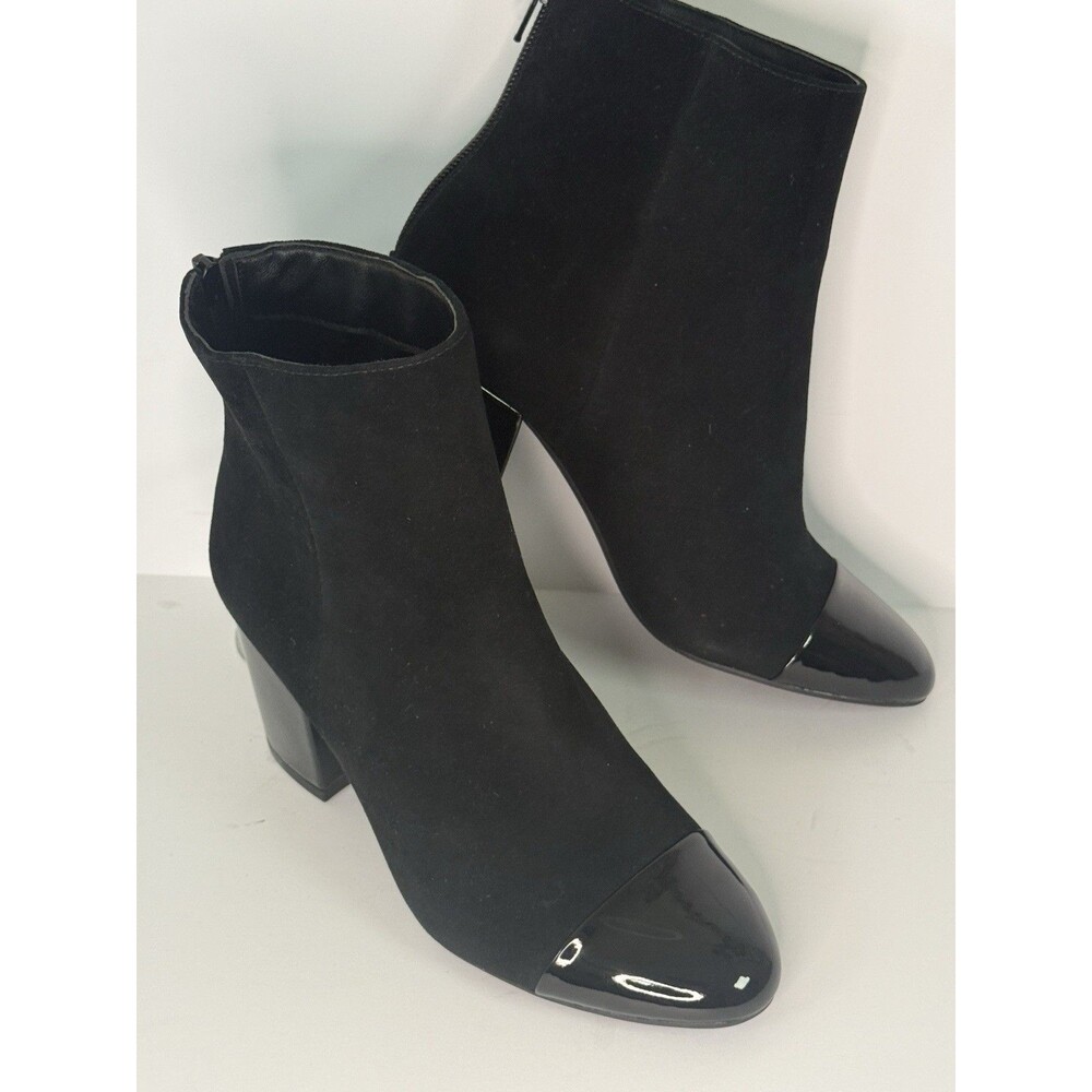 1901 Black Suede Cap Toe Ankle Boots Patent Block Heel Womens 5M Booties